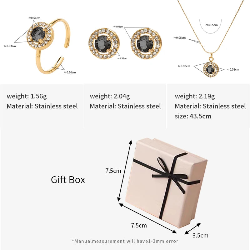 PAXA 3PCS Multicolor Round Cubic Zirconia Stainless Steel Jewelry Sets for Women Earrings Necklace Rings Fashion Elegant Jewelry