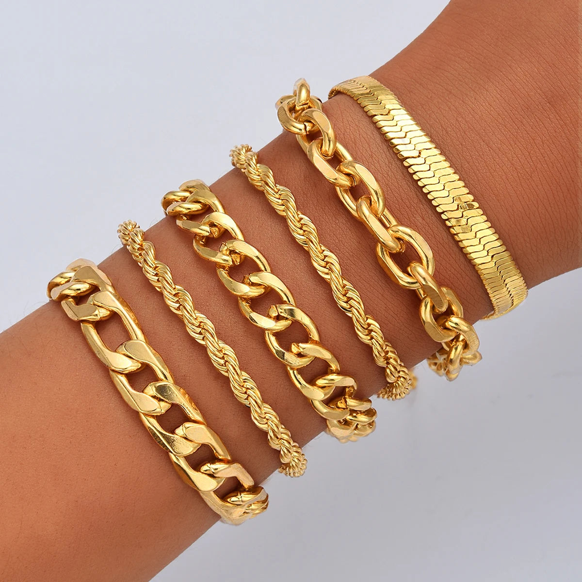 6Pcs Simple Punk Gold Chunky Multi-Layer Link Chain Bracelet Set