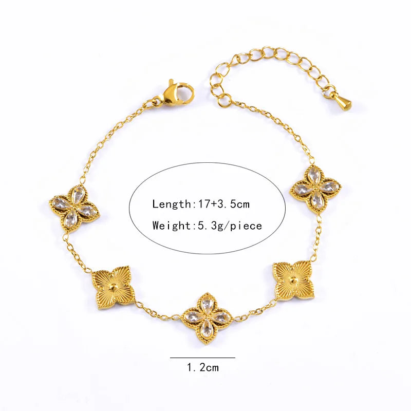Stainless Steel Rhombus Flower Necklace Ring Earrings For Women Girl Four Leaves Clover Jewelry Set Gift for Party Birthday