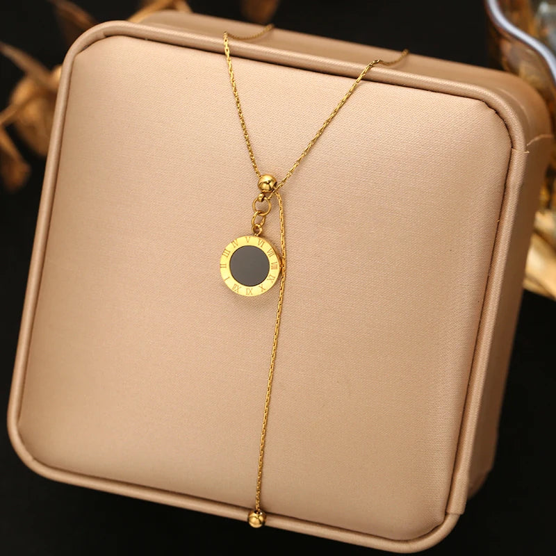 EILIECK 316L Stainless Steel Round Roman Numerals Pendant Necklace For Women Trendy Neck Chain Summer Vacation Jewelry
