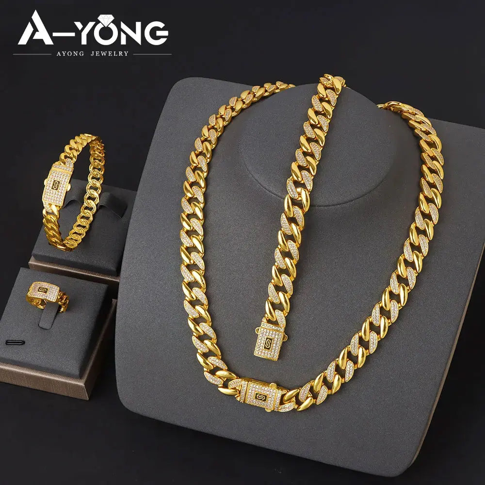 ChooseMe Arabic Dubai Vintage 21K Gold-Plated Cuban Chain & Zirconia Set