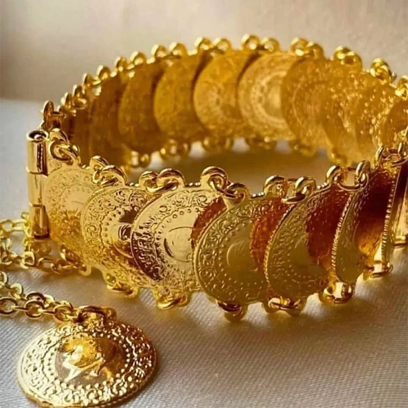 Luxury Gold-Plated Ottoman Turkish Totem Coin Cuff Bangle