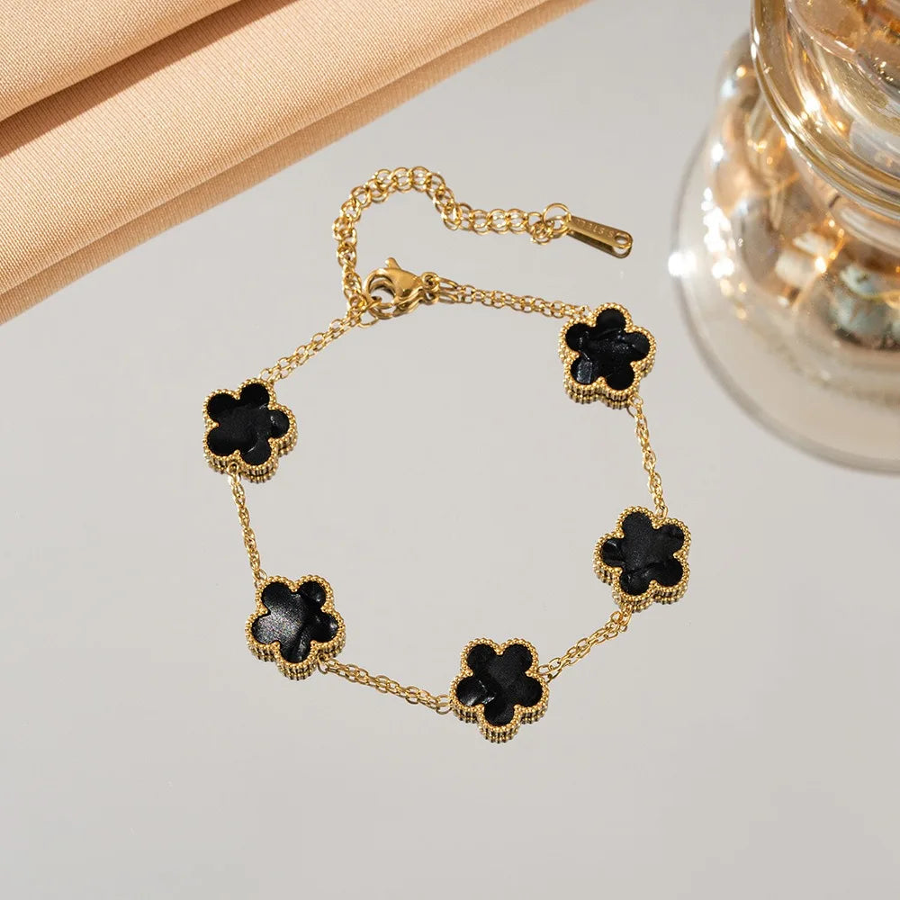 18k Gold Plated Lucky Five-Leaf Flower Stainless Steel Bracelet Women's Exquisite Five-Pointed Star Luxury Party Jewelry Gift