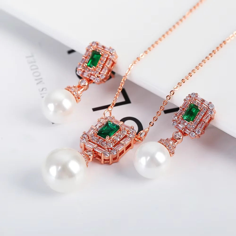 Luxury New Design Simple Irregular Pearl Classic Retro Pendant Necklace Earring Jewelry Set 18K Gold Plated Square Crystal Women