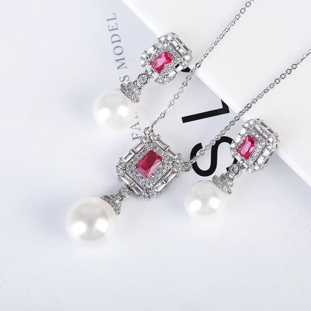Luxury New Design Simple Irregular Pearl Classic Retro Pendant Necklace Earring Jewelry Set 18K Gold Plated Square Crystal Women