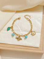 Vintage Turquoise Bee Flower Enamel Leaf Pendant Bracelet