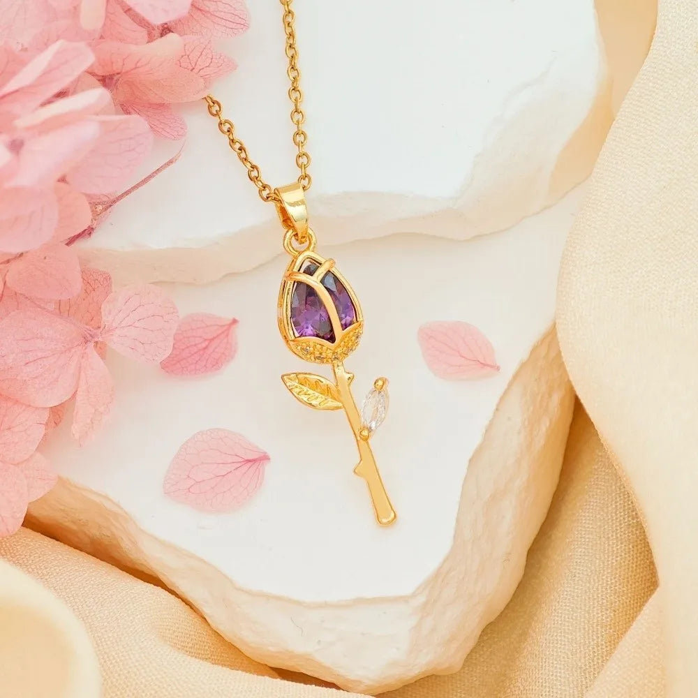 Elegant Tulip Flower Pendant Necklace Minimalist Sweet Style Zircon Pendant Layered Trendy Design Stainless Steel Choker Wedding