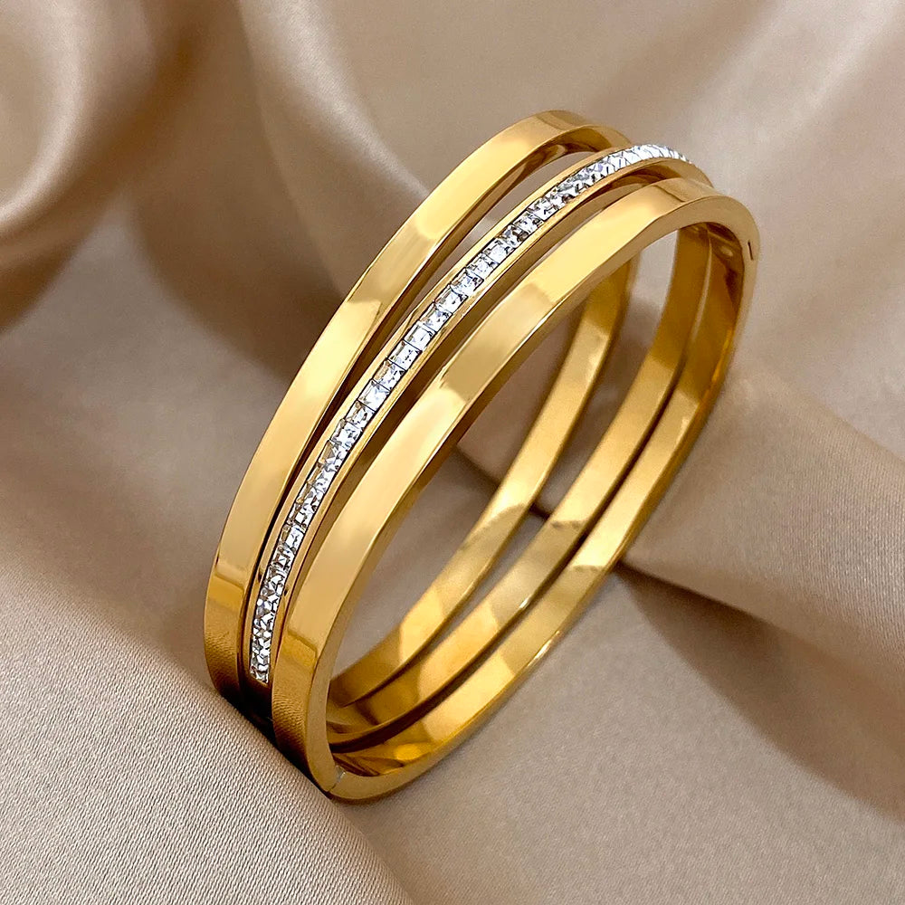 3pcs Glossy Rhinestone Stainless Steel Bangle Bracelet for Women Luxury Gold Silver Color Wristband Bracelet Waterproof Jewelry