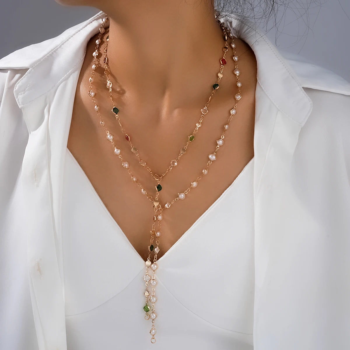 Vintage Faux Pearl & Crystal Tassel Y-Necklace Set, 2 Pcs/Set