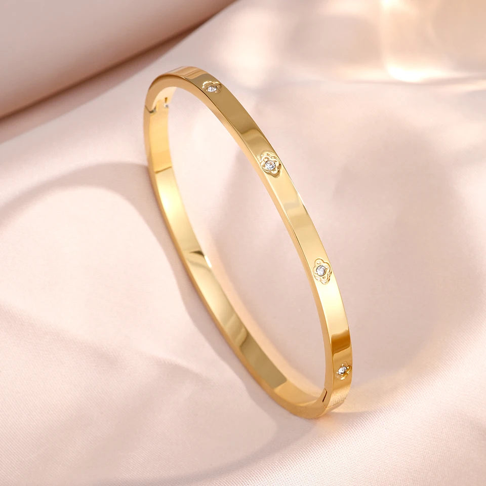 Yupsk 4/1Pcs Inlaid Zircon Stainless Steel Stackable Bracelet Delicate Flower Design Bangles Women's Fashion Versatile Jewelry