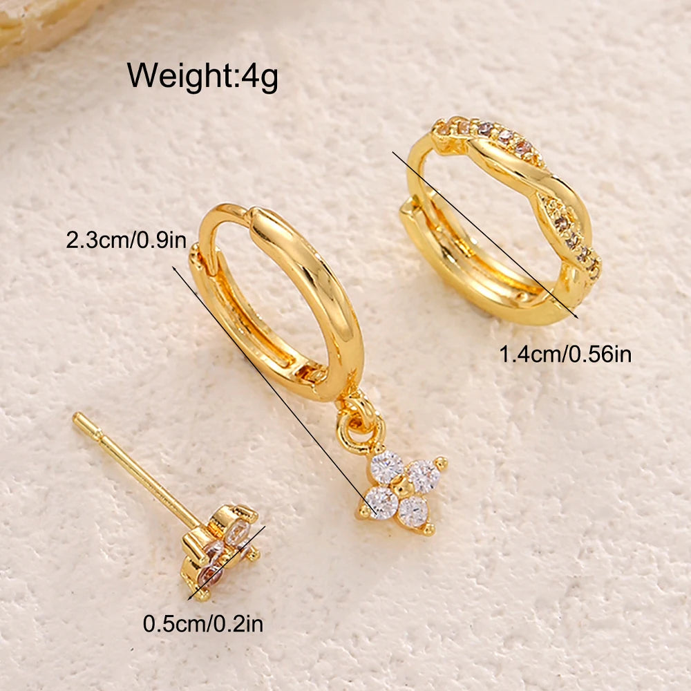 Ensemble de boucles d'oreilles pendantes et clous en plaqué or motif fleur, 3 pièces/ensemble