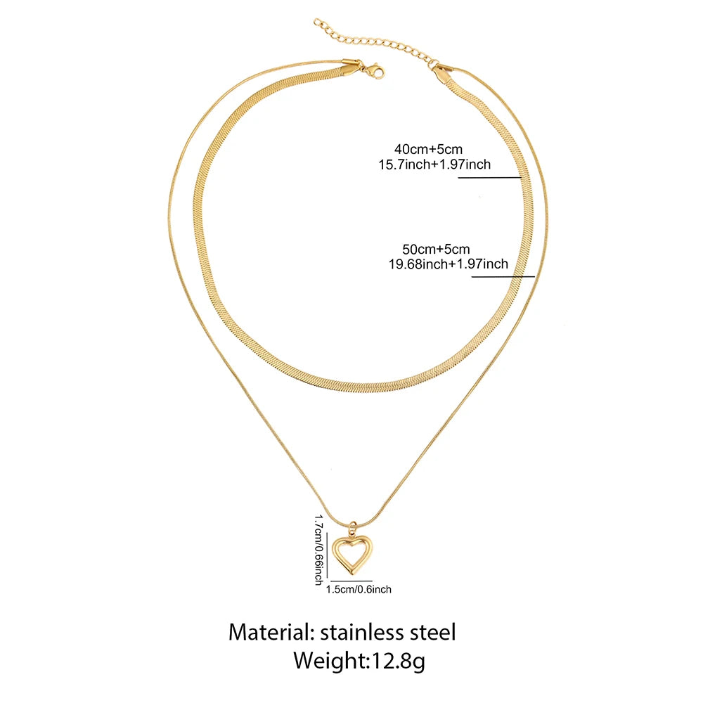 Stainless Steel Gold Layered Herringbone&Heart Pendant Necklace,Minimalist Dainty Style for Women, Daily Wear & Holiday Jewelry