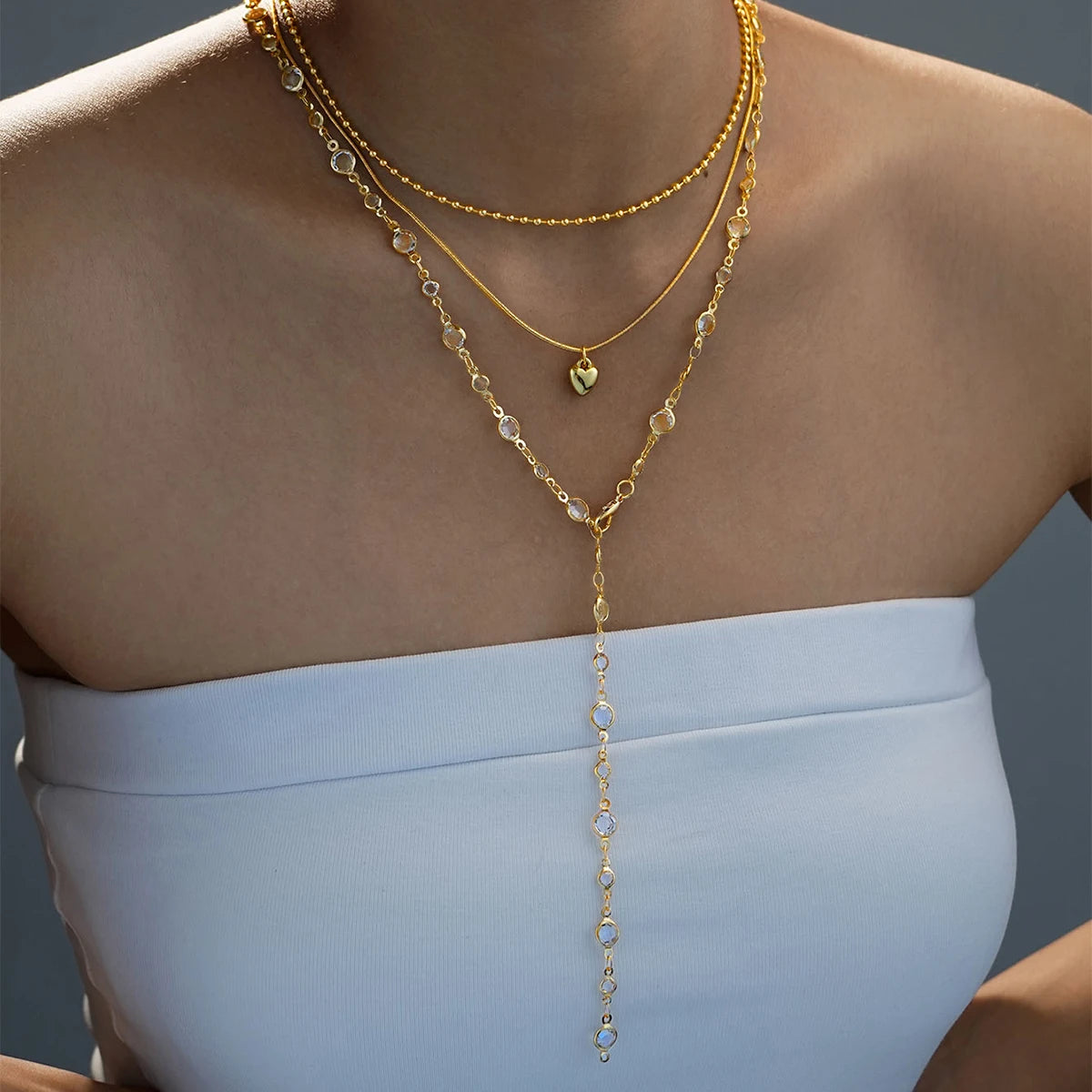 Vintage Heart Beads & Crystal Y-Shaped Tassel Necklace Set, 3 Pcs/Set