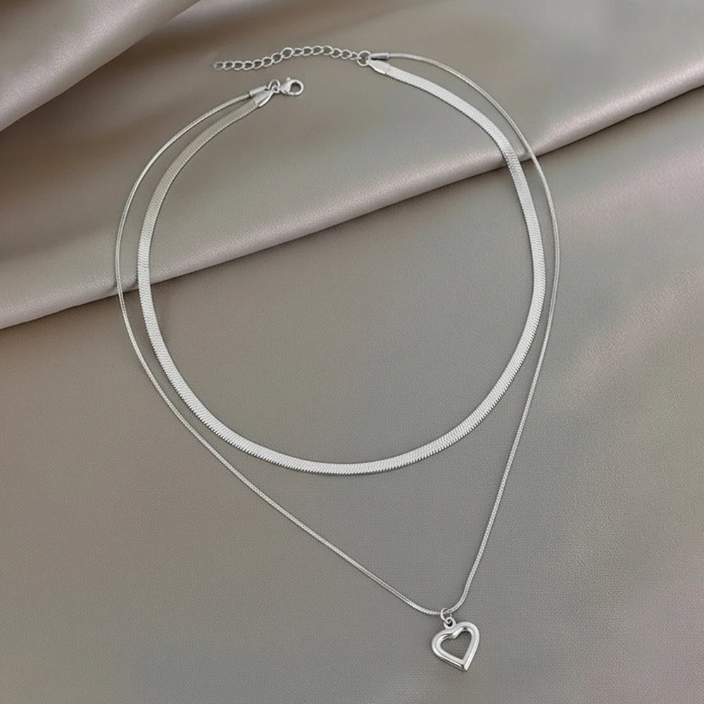 Stainless Steel Gold Layered Herringbone&Heart Pendant Necklace,Minimalist Dainty Style for Women, Daily Wear & Holiday Jewelry