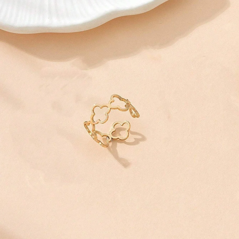 DOTIF Stainless Steel Lucky Hollow Four-Leaf Clover Ring Female Fashion Simple Opening Adjustable Finger Jewelry Party Gifts