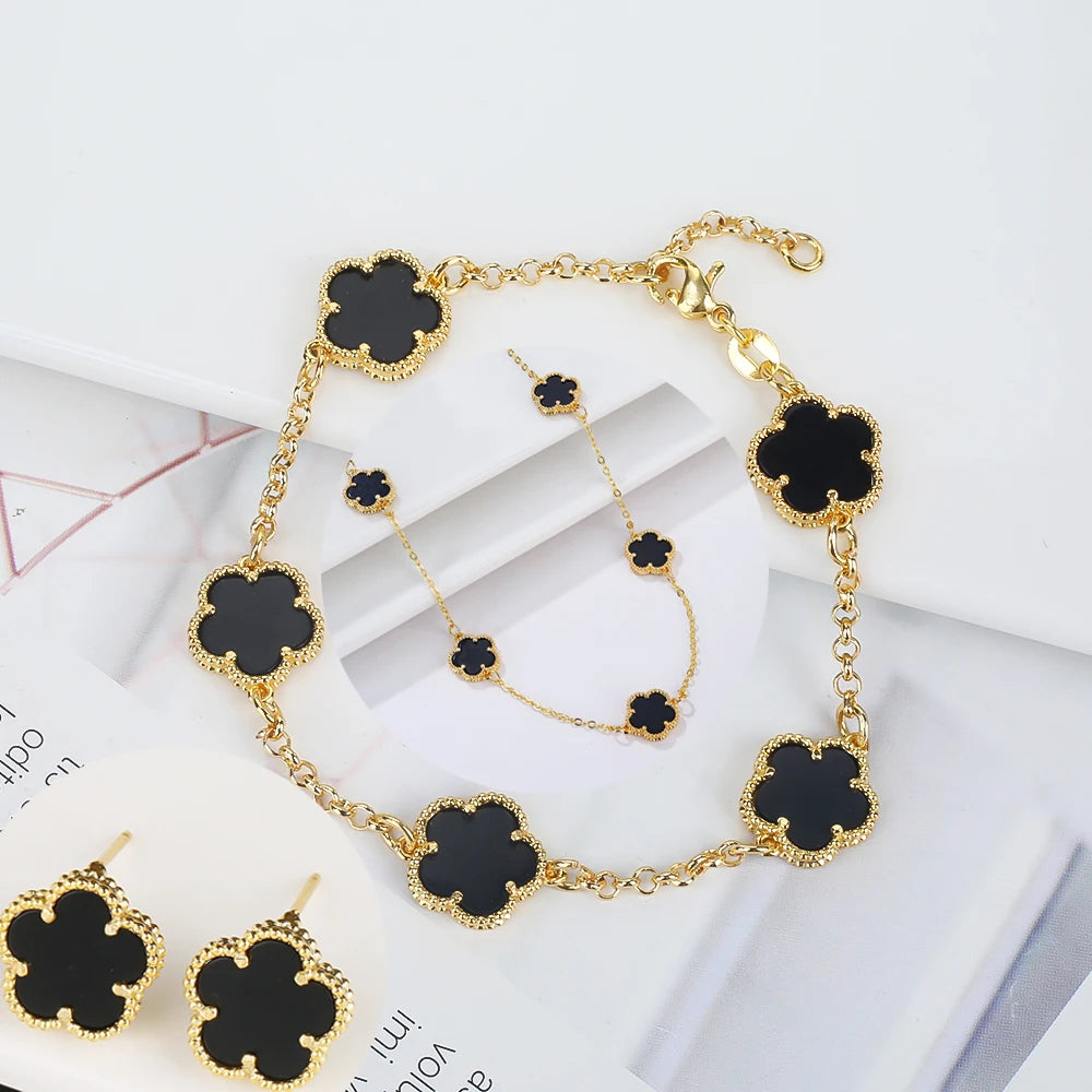 Hot Sale 14 Colors Five-Leaf Flower Set Bracelet Necklace Classic Simple Women Jewelry Set Suitable For Daily Party Wear Clover