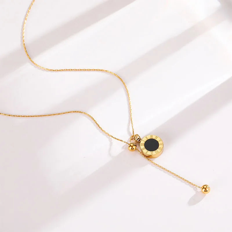 EILIECK 316L Stainless Steel Round Roman Numerals Pendant Necklace For Women Trendy Neck Chain Summer Vacation Jewelry