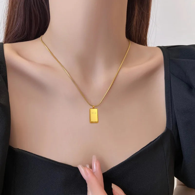 Bullion Bar Necklace Stainless Steel Necklaces Golden Cube Brick Pendant For Women Men Geometric Choker Gold Color Jewelry Gift