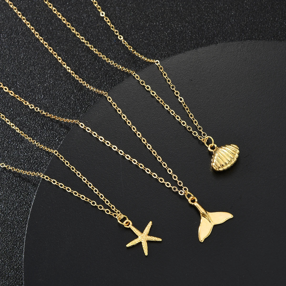 Vintage Summer Beach Starfish, Shell & Fishtail Pendant Necklace Set, 3 Pcs/Set