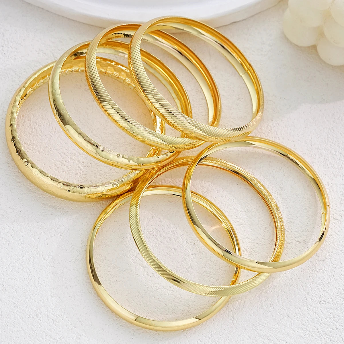 7Pcs Gold Hammered & Smooth Open Cuff Stackable Bangle Set