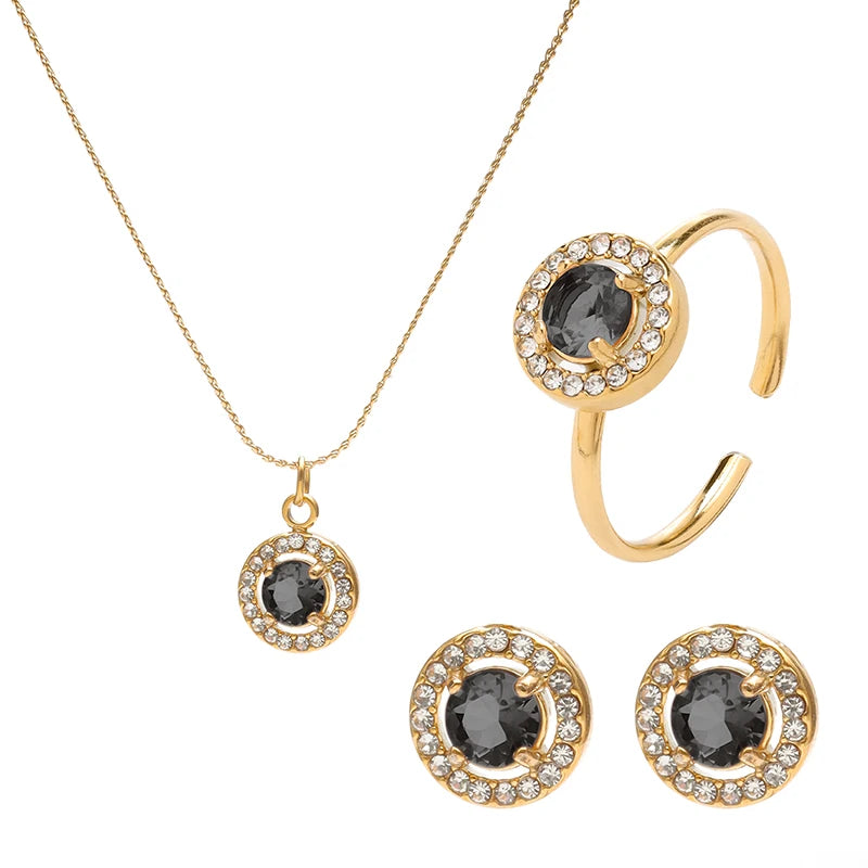PAXA 3PCS Multicolor Round Cubic Zirconia Stainless Steel Jewelry Sets for Women Earrings Necklace Rings Fashion Elegant Jewelry