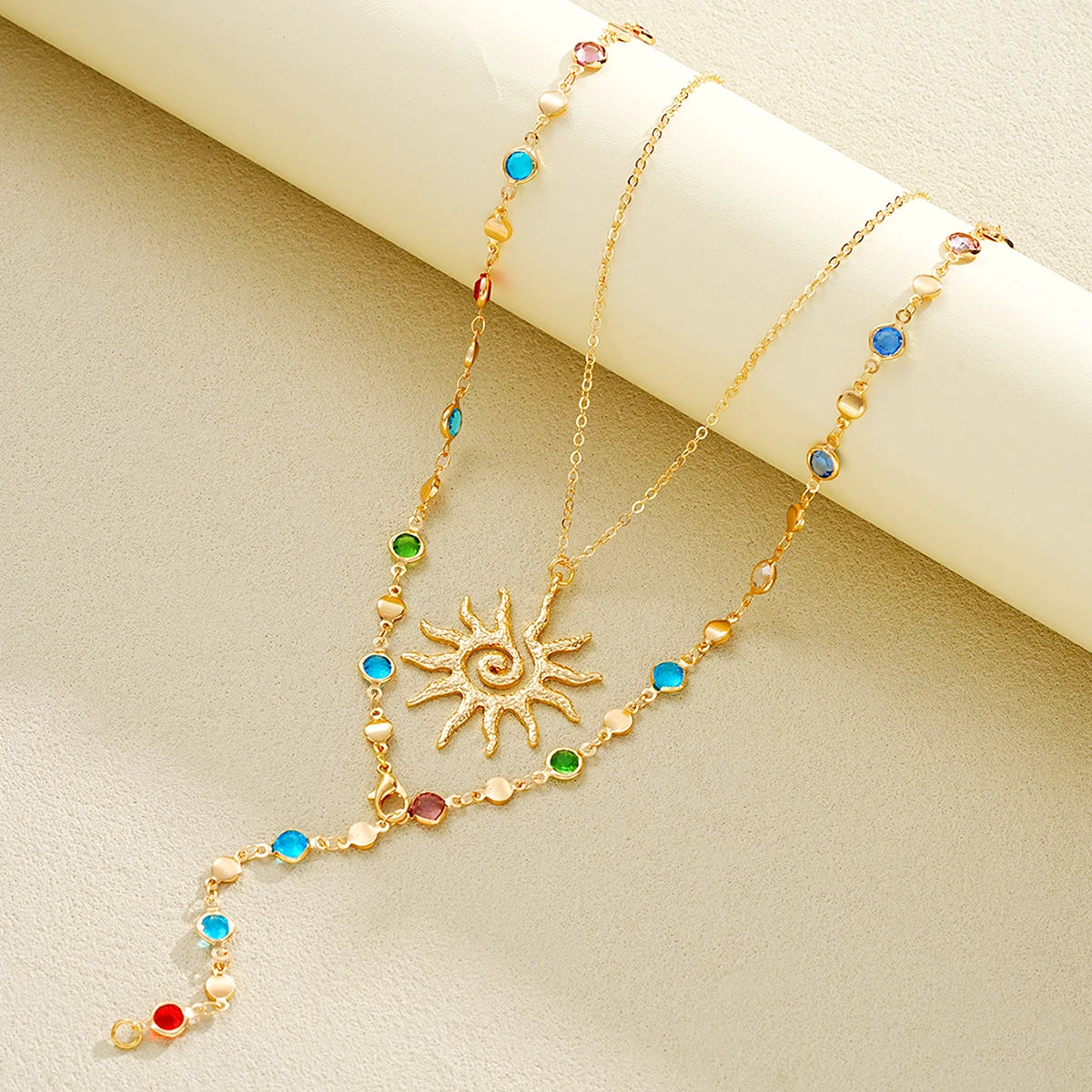 Trendy Sunflower Crystal Y-Shaped Tassel Necklace Set, 2 Pcs/Set