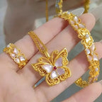 Light Luxury 24K real gold Ancient Flowers Butterfly Maiden Necklace Ring bracelet 999 Gold Princess set with jade Chopin chain