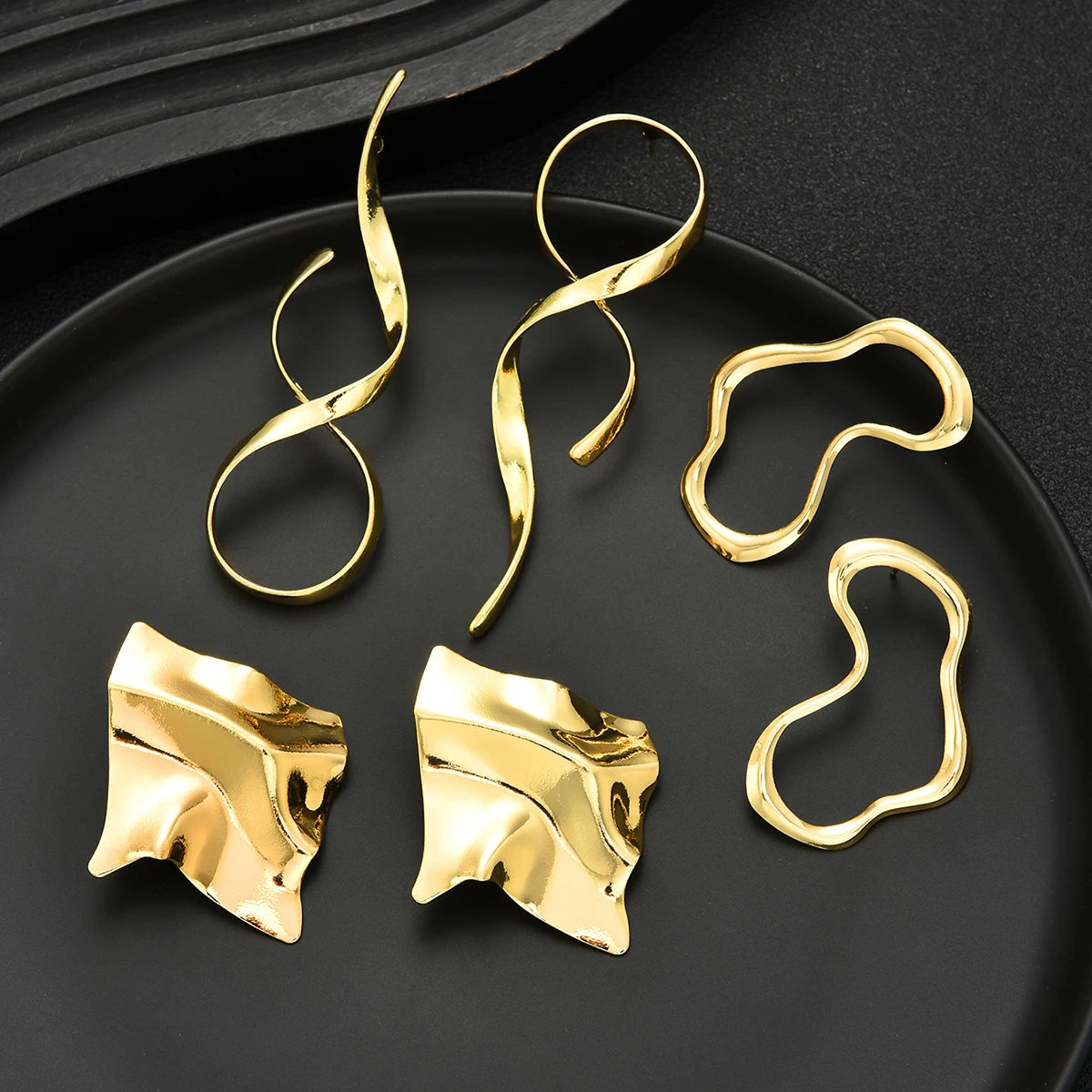 Retro Exaggerated Irregular Metal Line & Twist Geometry Earrings Set, 6 Pcs/Set