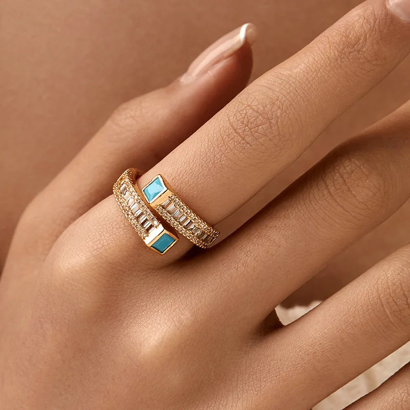 Personalized 18k Gold Plated Exquisite Zircon Ring with Opening Design European American Style Elegant Women Finger Ring