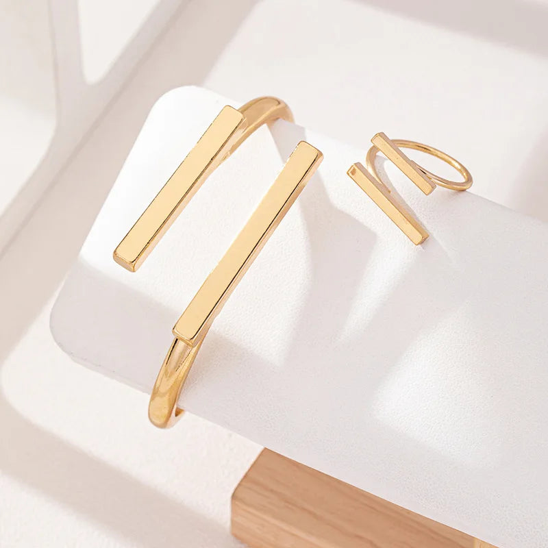 2pcs New Fashion Simple Design Geometric Open Bracelet Ring Set, Women's Personalized Trend Holiday Party Accessories Gifts