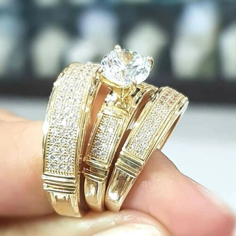 Huitan 2023 Trends Wedding Couple Rings for Women/Men Luxury Gold Color Marriage Engagement Lover Rings Modern Fashion Jewelry