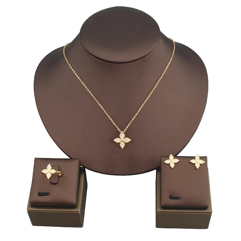 Classic Copper Luxurious Cubic Ziron Women Pendant Choker Necklace Statement Necklace Lady Fashion Earring Lady Ring Gift