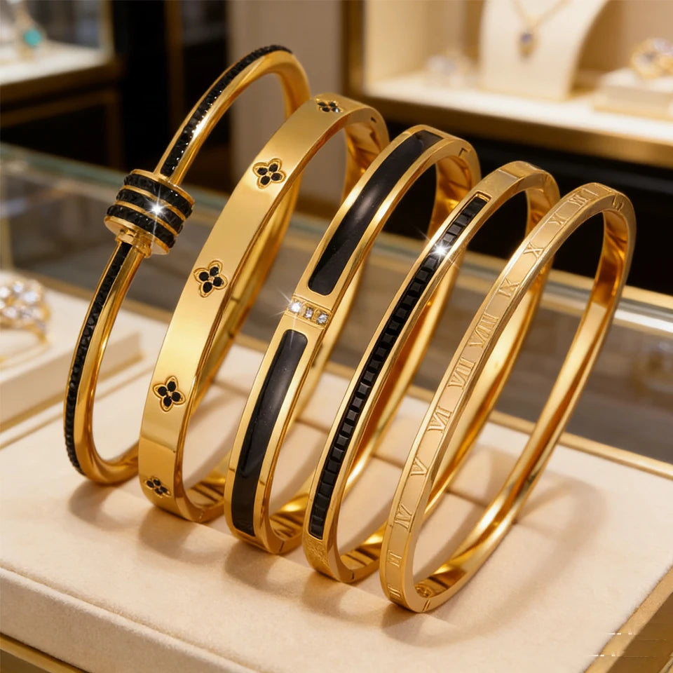 New 5-Piece Black Zircon Inlay Stainless Steel Stacking Bracelet Set