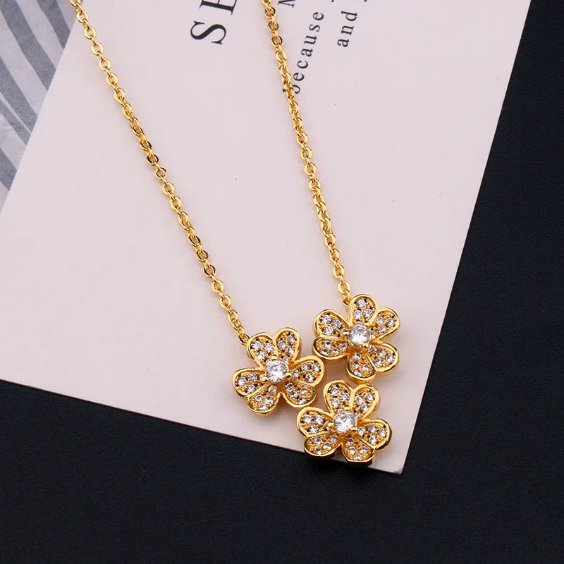 Fashion Luxury Flower Geometry Cubic Ziron Classic Charms Necklace Engagement Bridal Earring Jewelry copper Lady Gift