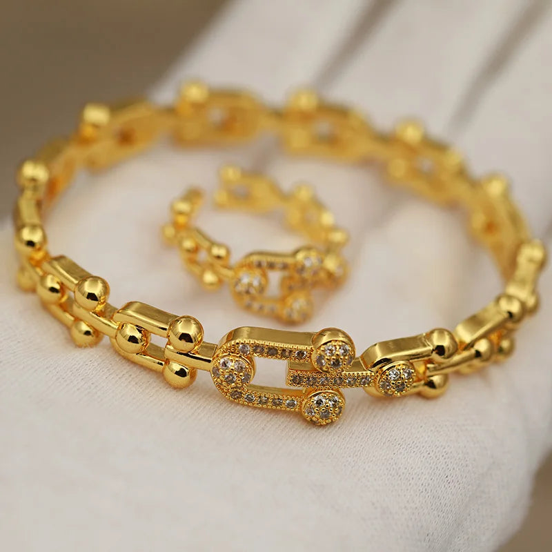 Stainless Steel Crystal Geometric Zirconia Bangle Set