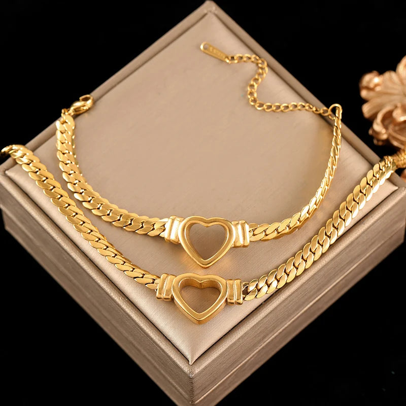 EILIECK 316L Stainless Steel Hollow Heart Necklace Bracelet Set Minimalist Metal Texture Women Water Resistant Jewelry Lady Gift
