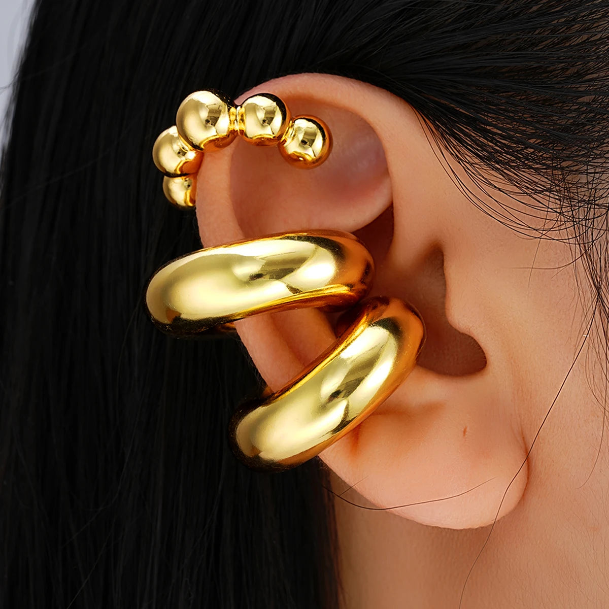 Punk Thick C-Shaped Gold Color Non-Piercing Cartilage Ear Cuff Set, 3 Pcs/Set