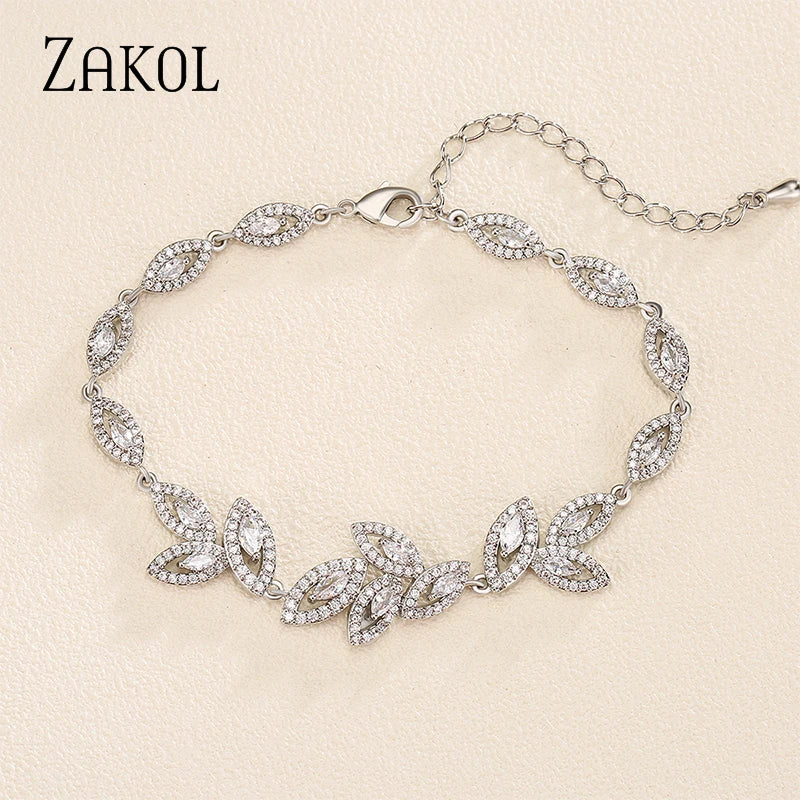 ZAKOL Luxury Gold Color Leaf Bridal Wedding Jewelry Sets for Women Marquise Zircon Earrings Necklace Bracelets Set
