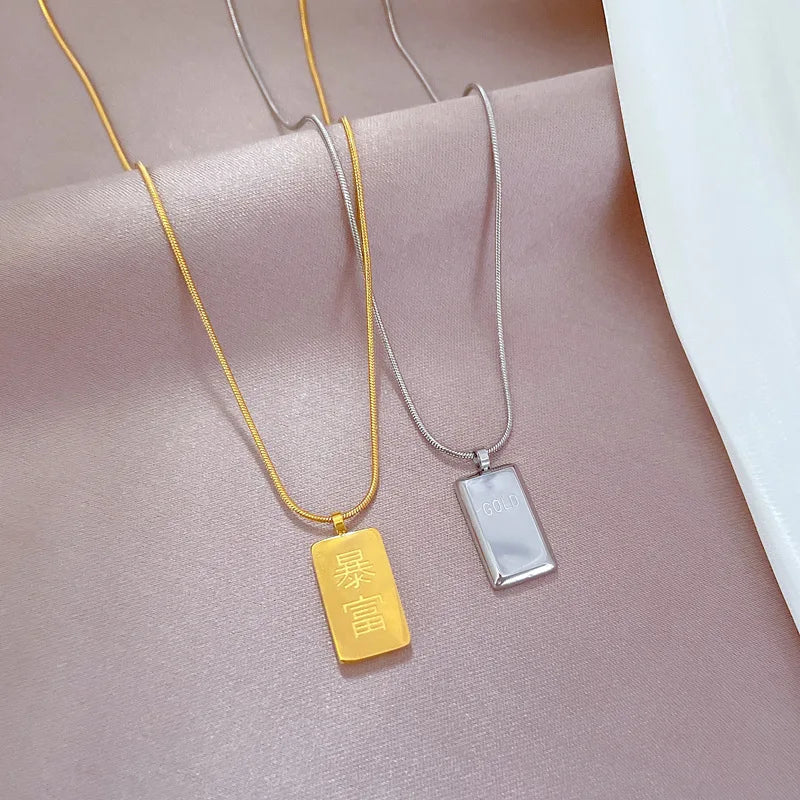 Bullion Bar Necklace Stainless Steel Necklaces Golden Cube Brick Pendant For Women Men Geometric Choker Gold Color Jewelry Gift