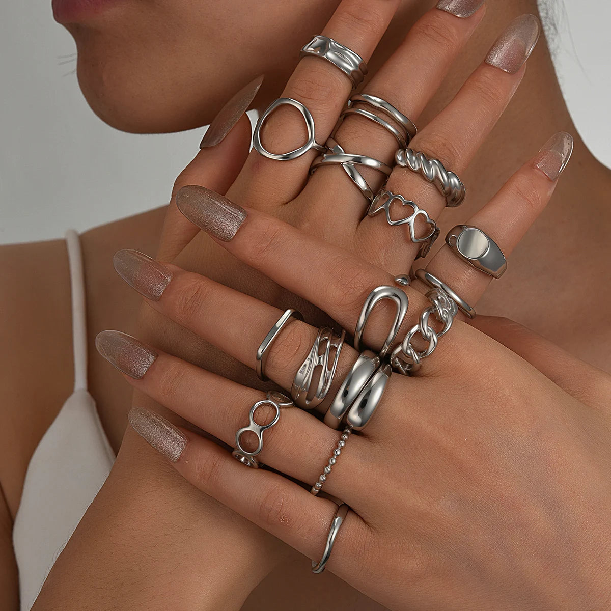Punk Irregular Geometric Adjustable Knuckle Finger Rings Set, 16 Pcs/Set