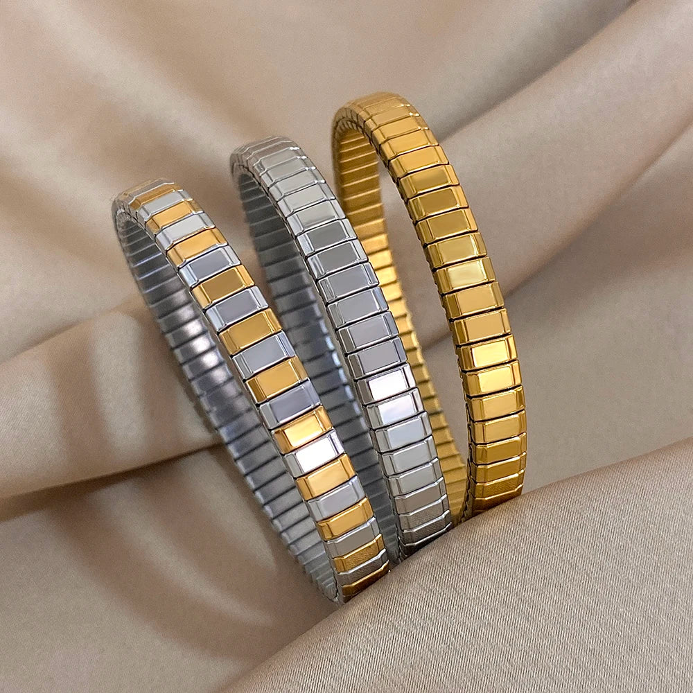 Greatera 6.5mm Width Thin Stainless Steel Elastic Bracelets Bangles for Women Gold Silver Color Stacked Bracelet Party Jewelry
