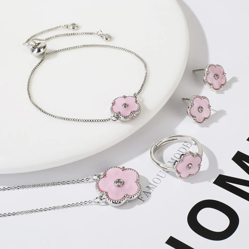 4pc Double-Sided Plum Blossom Jewelry Set Zircon New Hot Selling Plant Five Leaf Flower Women's High-Quality Clover