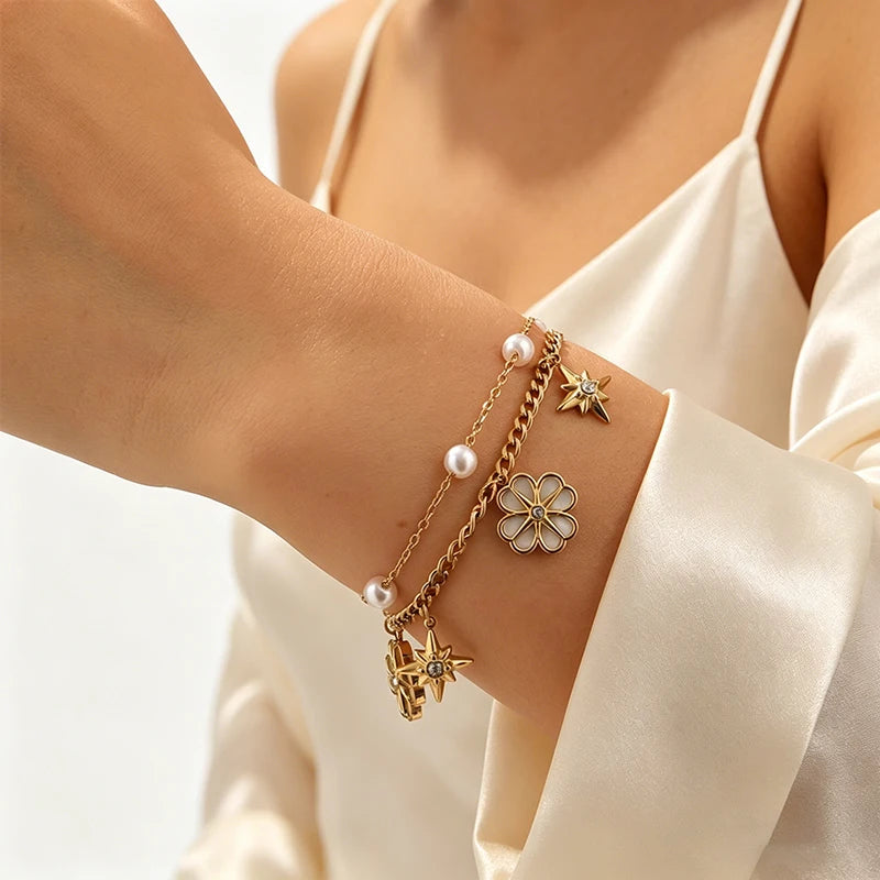 EILIECK 316L Stainless Steel Flowers Stars Charms Bracelets for Women Trendy Layered Pearl Chain Bangles Gold Color Jewelry Gift
