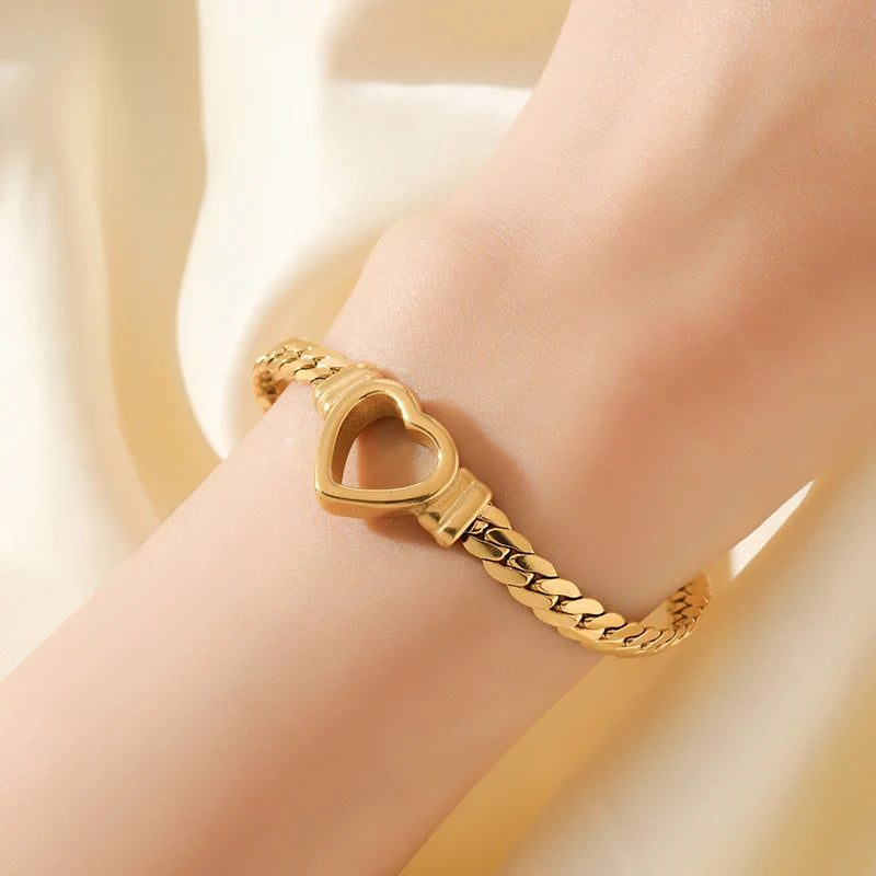 EILIECK 316L Stainless Steel Hollow Heart Necklace Bracelet Set Minimalist Metal Texture Women Water Resistant Jewelry Lady Gift