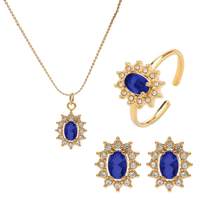 PAXA 3PCS Multicolor Round Cubic Zirconia Stainless Steel Jewelry Sets for Women Earrings Necklace Rings Fashion Elegant Jewelry