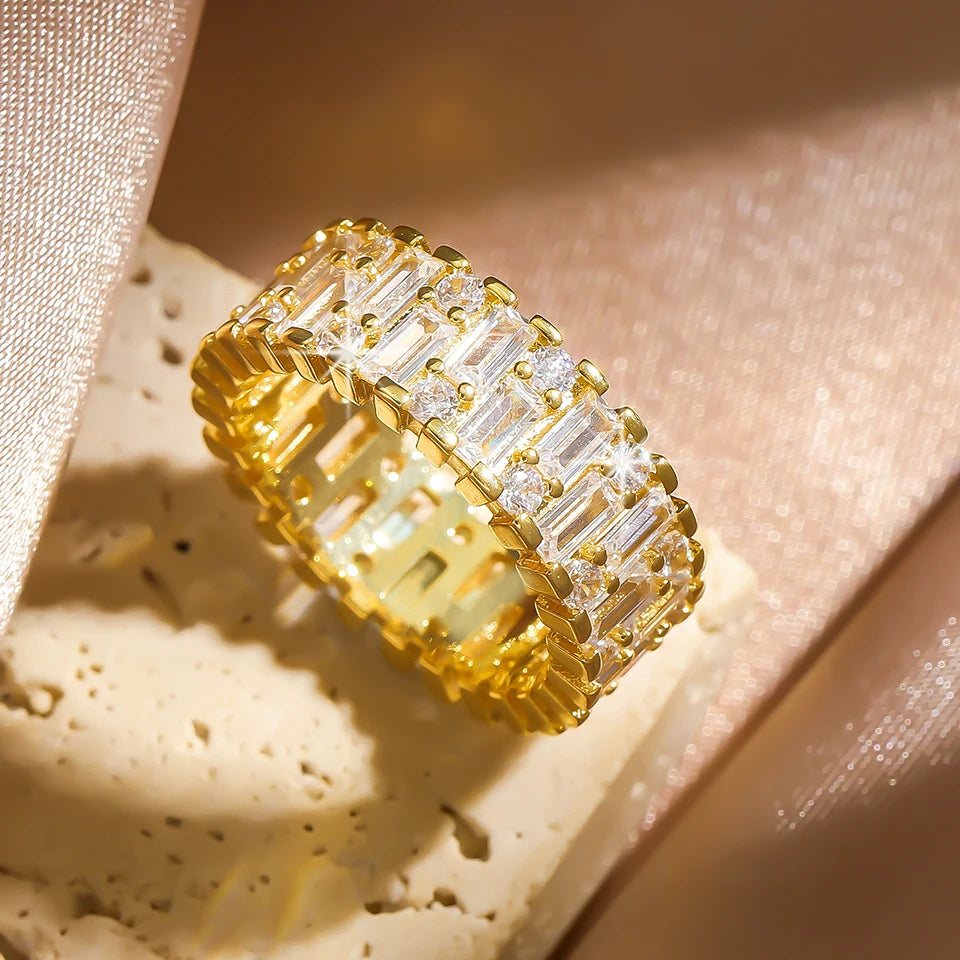 Luxury 18K Gold-Color Plated Classic Baguette Cubic Zirconia Engagement Ring