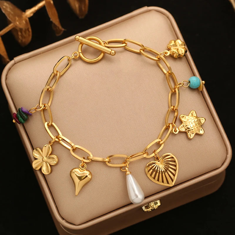 EILIECK 316L Stainless Steel Flowers Stars Charms Bracelets for Women Trendy Layered Pearl Chain Bangles Gold Color Jewelry Gift