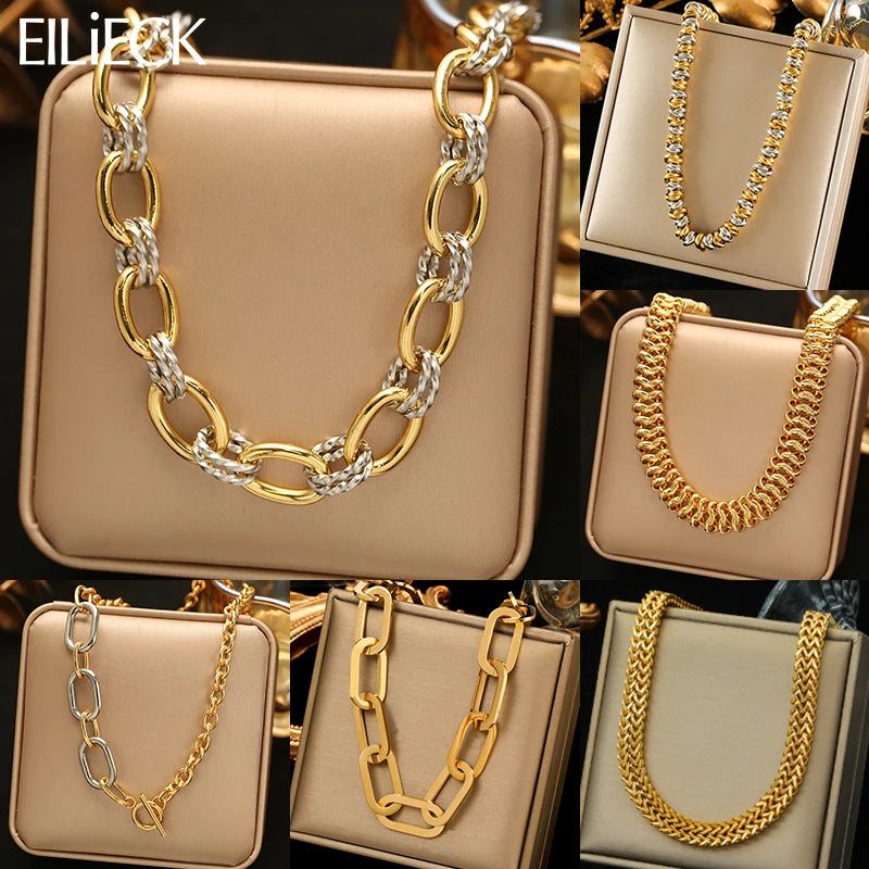 EILIECK 316L Stainless Steel Waterproof Oval Necklace For Women 18K Gold PVD Plated Coarse Collar Neck Chain Jewelry Lady Gift