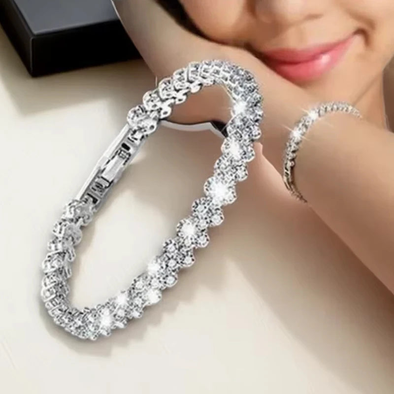 Luxury Roman Crystal Geometric Rhinestone Chain Charm Bangle