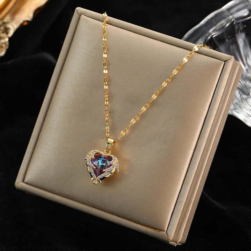 EILIECK 316L Stainless Steel Green Cubic Zircon Flower Pendant Necklace for Women Luxury Temperament Neck Chain Fashion Jewelry